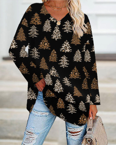 Women's Christmas Tree Leopard Print Casual Long-Sleeve T-Shirt