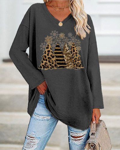 Women's Vintage Leopard Christmas Tree Print Casual Long-Sleeve T-Shirt