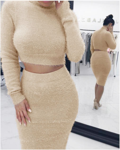 Fashion solid color long sleeve two-piece suit