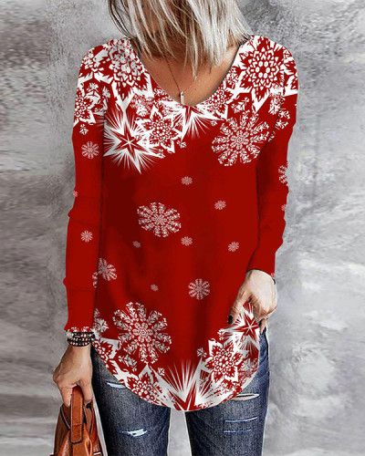 Christmas Snowflake Abstract V Neck Shift Casual Long Sleeve Top