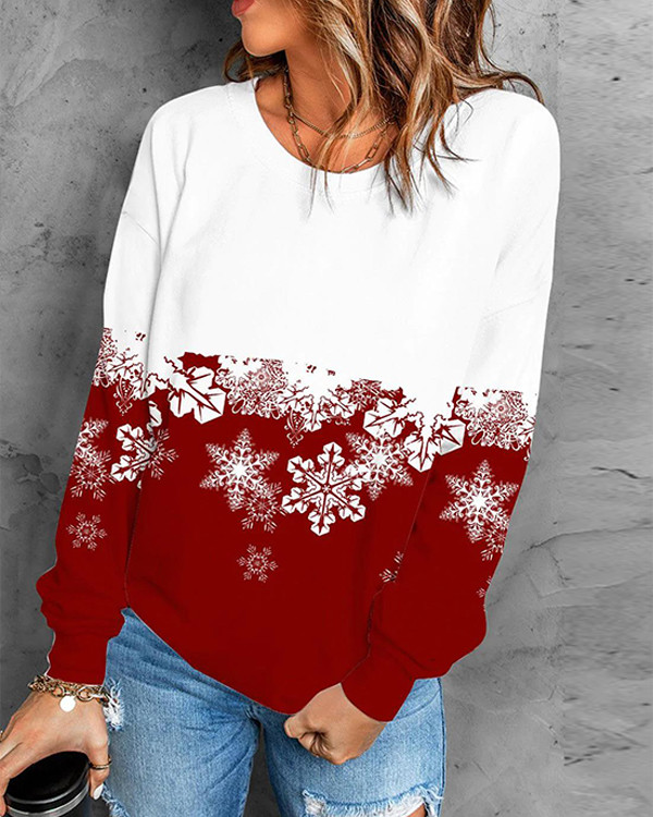 Snowflake Print Plain Crew Neck Pullover Sweatshirt