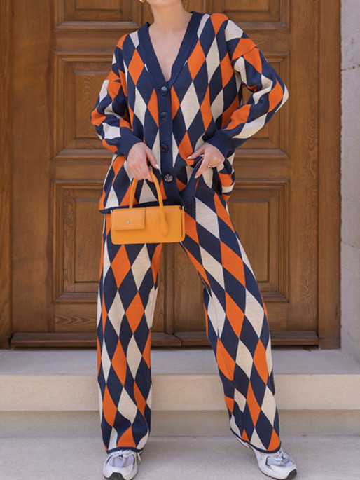 Geometric Diamond Knit Cardigan Casual Pants Two-piece Suit
