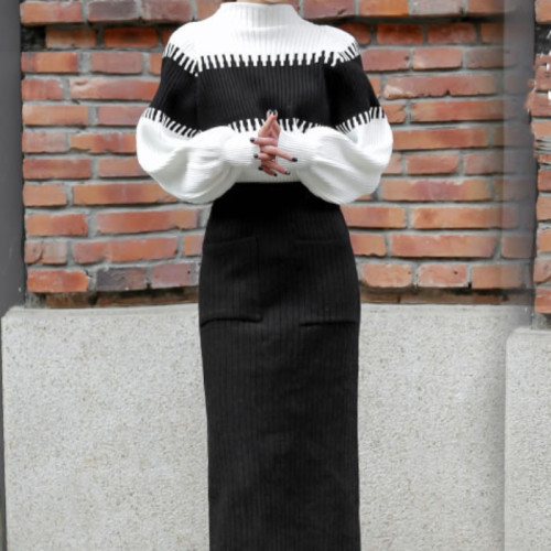 Chic Color Block Stand-up Collar Knit Sweater Two-piece