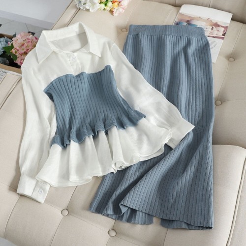 Fashion Casual Color Block Knitted Sweater Two-piece Set