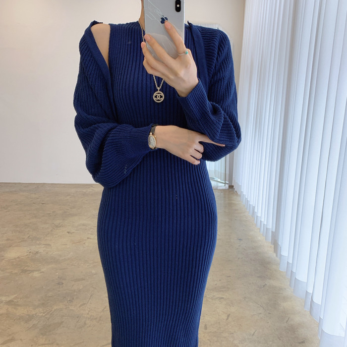 Temperament Round Neck Knitted Dress Two-Piece Set