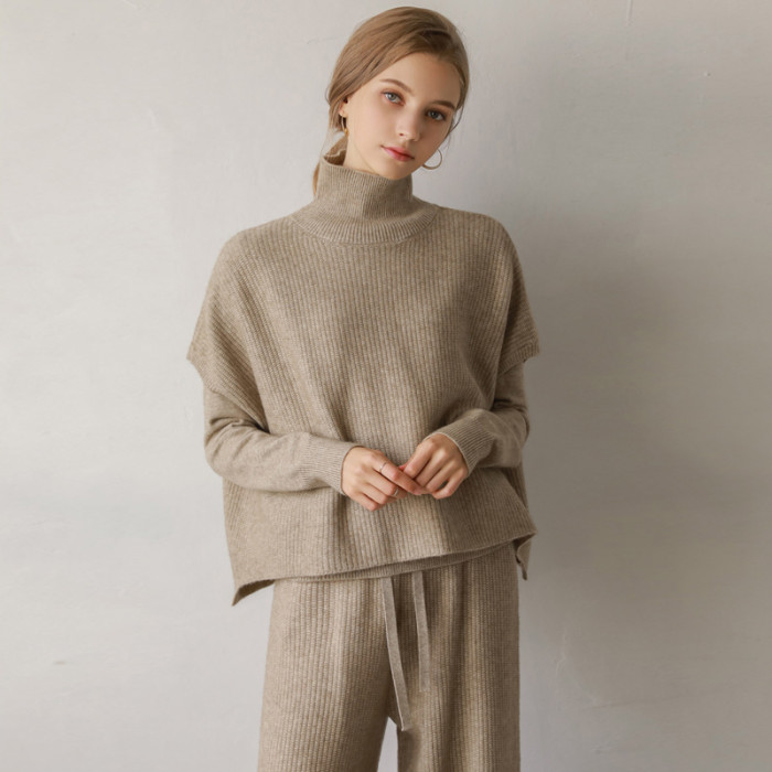 Fashion Solid Color Turtleneck Knit Three-piece Set