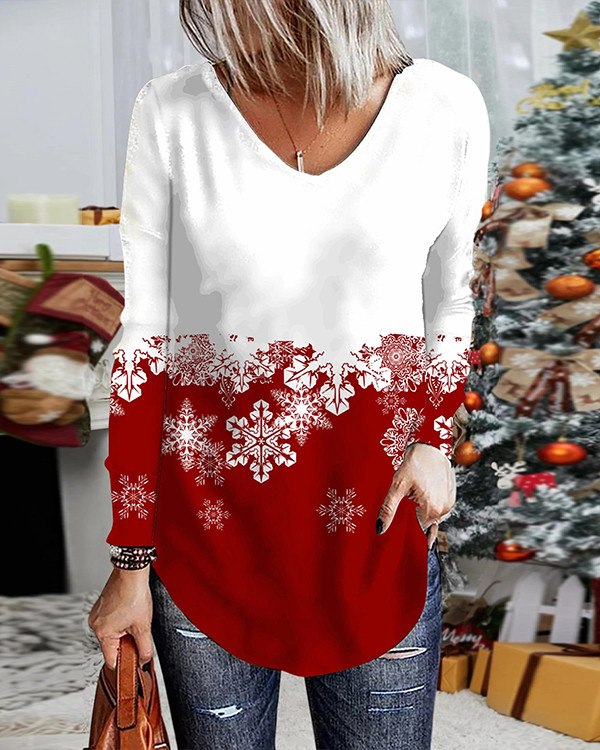 Women's Christmas Snowflake  Casual V-Neck  Top