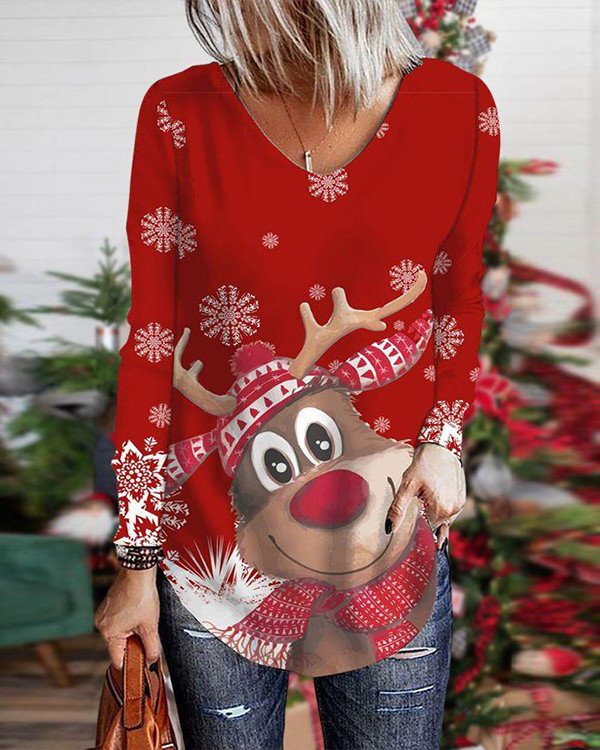 Christmas Elk Abstract V Neck Casual Tops