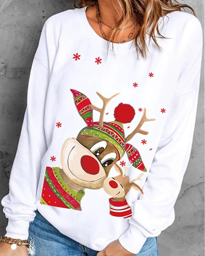 Christmas Elk Solid Round Neck Shift Casual sweatshirt