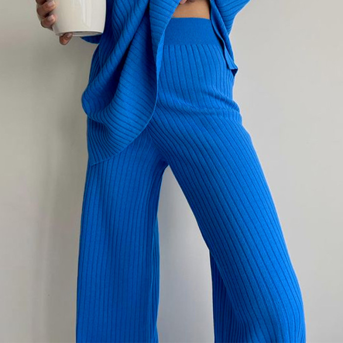 Women's Casual Half High Collar Solid Color Knitted Two-piece Suit