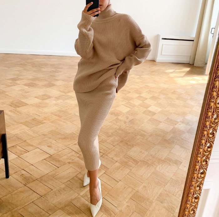 Casual Turtleneck Sweater Loose Version Skirt Suit