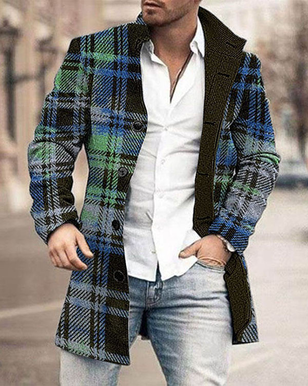 Men's Checked Abstract Pattern Long Sleeve Midi Cardigan Trench Coat