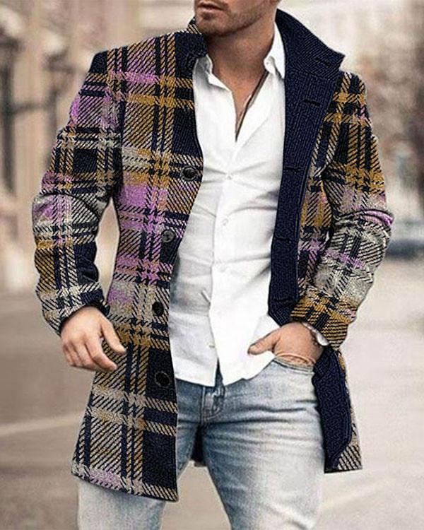 Men's Checked Abstract Pattern Long Sleeve Midi Cardigan Trench Coat