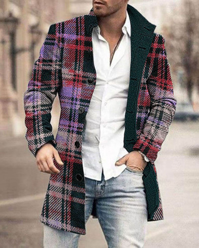 Men's Checked Abstract Pattern Long Sleeve Midi Cardigan Trench Coat