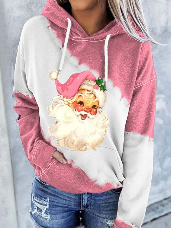 Christmas Retro Pink Santa With Pocket Print Hoodie