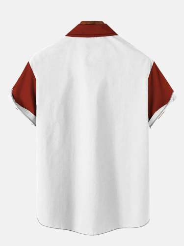 Christmas Elements Retro Red And White Stitching Santa Claus Printing Men's Short Sleeve Shirt
