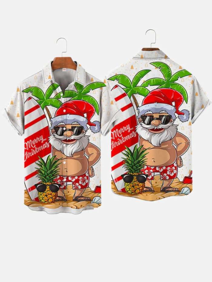 Christmas Elements Sunbathing Santa Caus Printing Men's Short Sleeve Shirt