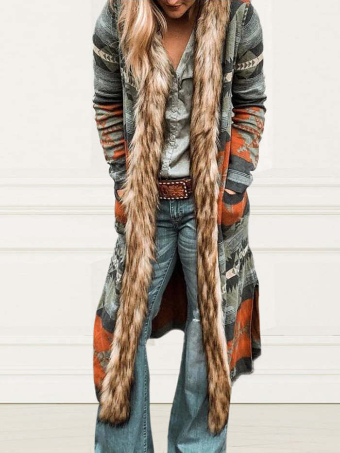 Western Style Retro Fur Collar Long Cardigan Jacket