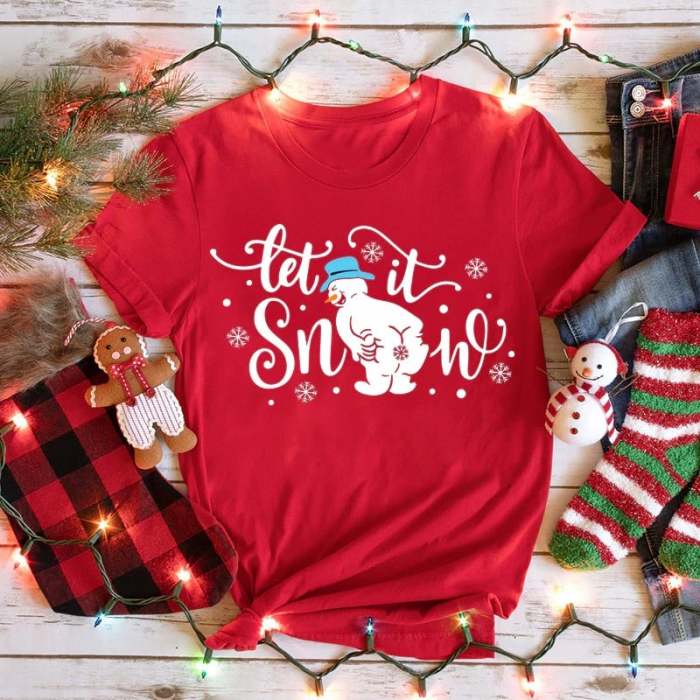 Women's Let It Snow Christmas Snowman Print Crew Neck T-Shirt