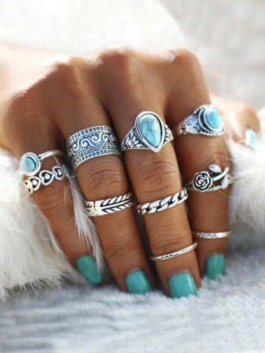 Wisherryy Vintage Totem Flower Turquoise 10-piece Joint Combination Ring