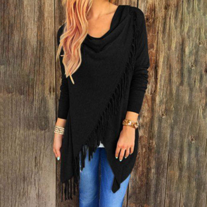 Wisherryy Solid Color Casual Fringe Long Sleeve T-Shirt