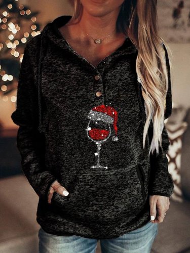 Women's Christmas Wine Glass Print Pocket Hoodie