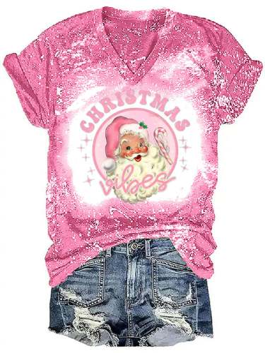 Women's Pink Christmas Santa Claus Print Casual T-Shirt