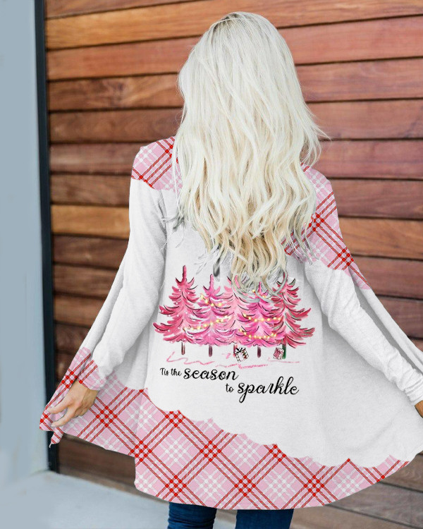 Women's Pink Christmas Tree Check Print Loose Cardigan