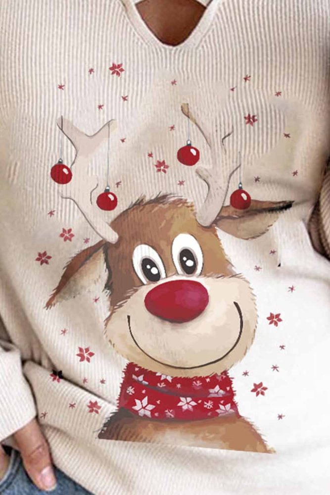 Christmas Elk Print Criss Cross Pullover