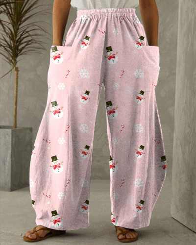 Pink Christmas Snowman Print Comfort Pants
