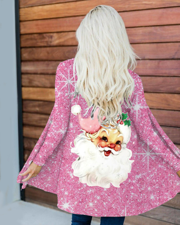 Women's Pink Christmas Santa Print Loose Cardigan