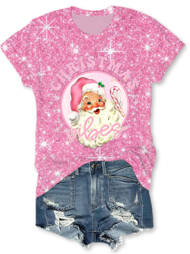 Women's Pink Christmas Santa Print Tee