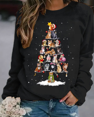 Christmas Tree Cute Cat Long Sleeve Top