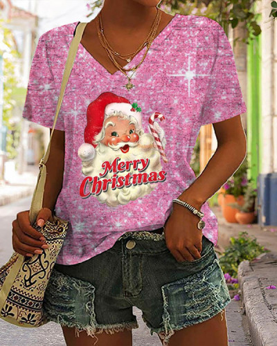 Women's Pink Christmas Santa Print T-Shirt
