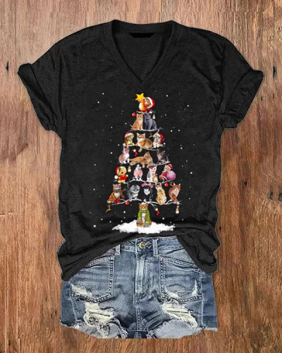 Cute Christmas Tree Cat V-neck Short-sleeved Top