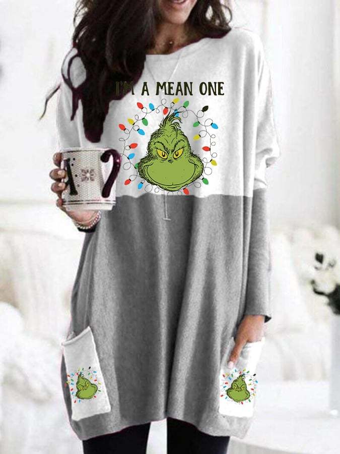 Women's Christmas I’m A Mean One Printed Casual Pocket Long Sleeve T-Shirt