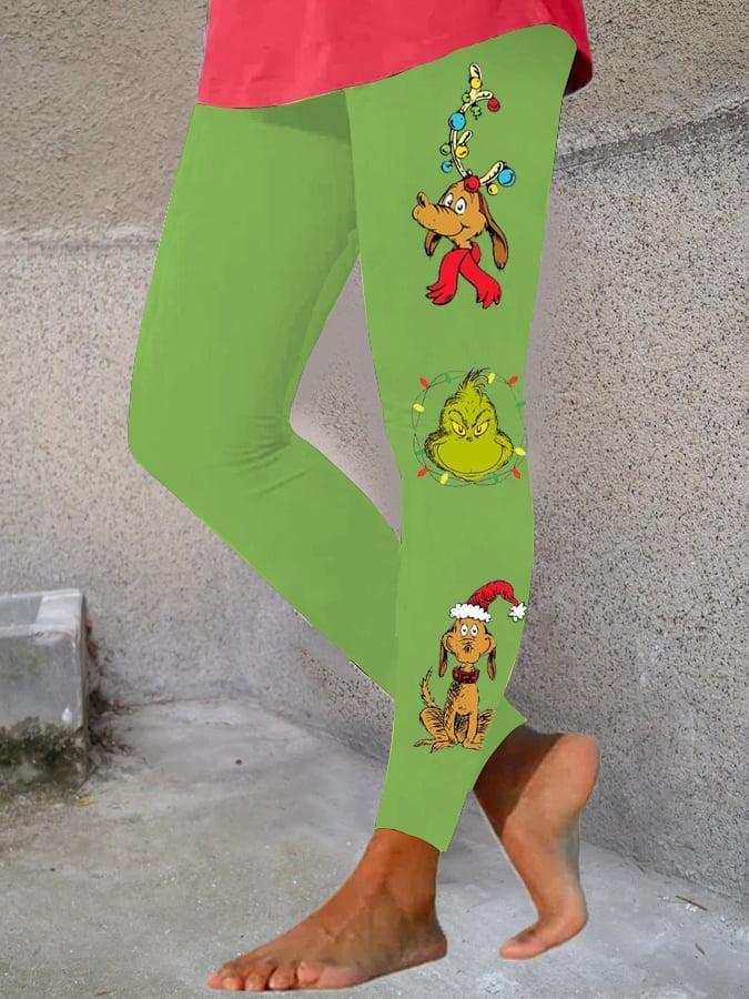 Women's Merry Christmas Grinch Print Leggings-2