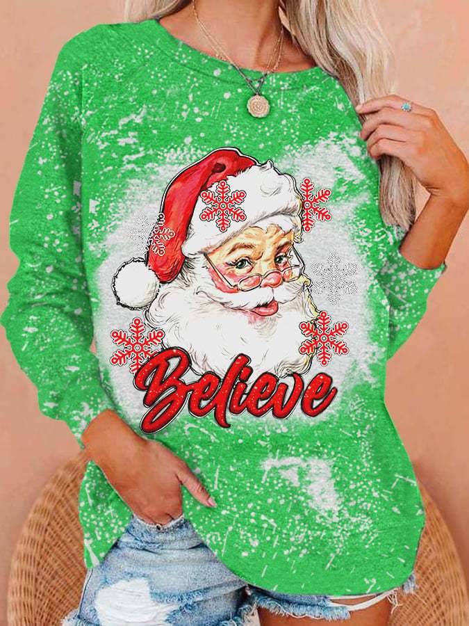 Women's Believe Christmas Santa Claus Bleach Print Sweatshirt