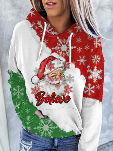 Women's Believe Santa Claus Christmas Snowflake Print Casual Hoodie