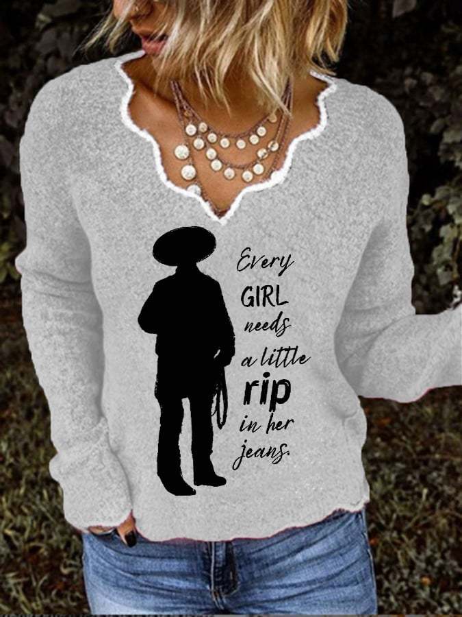Women's Every Girl Needs A Little Rip In Her Jeans V-Neck Knitted Top