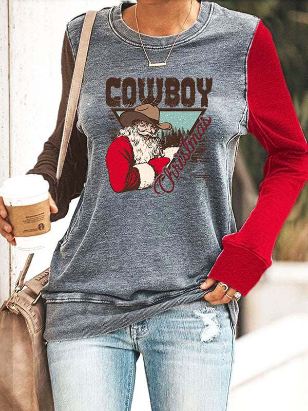 Women's Funny Christmas Cowboy Santa Print Casual Crew Neck Sweatshirt