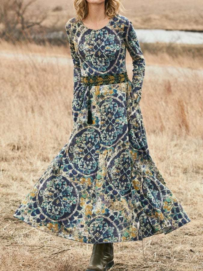 Vintage Print Long Dress