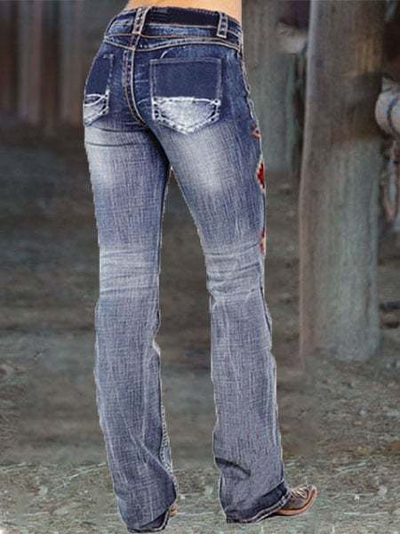 Washed Embroidered Pockets Bootcut Riding Jeans