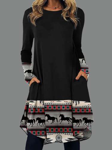 Vintage Print Crew Neck Long Sleeve Dress