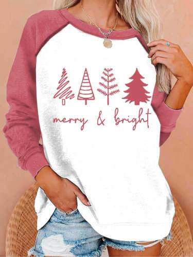 Merry And Bright Women's Round Neck Printed Long Sleeve Sweatshirt