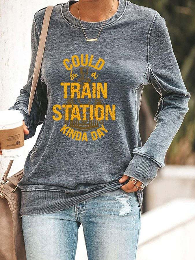 Women's Could Be A Train Station Print Casual Crew Neck Sweatshirt