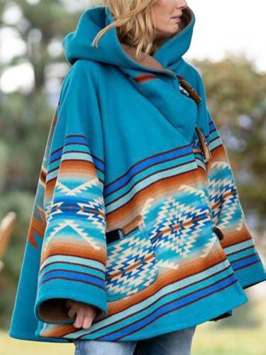 Ethnic Geometric Print Hooded Coat