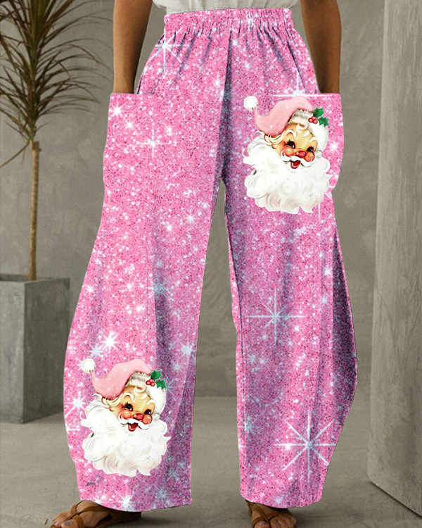 Women's Pink Christmas Santa Print Loose Pants