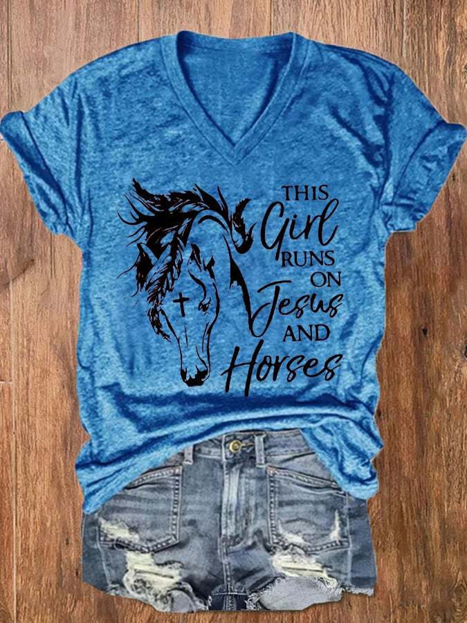 Women's This Girl Runs On Jesus And Horses Printed Casual V-Neck Tee