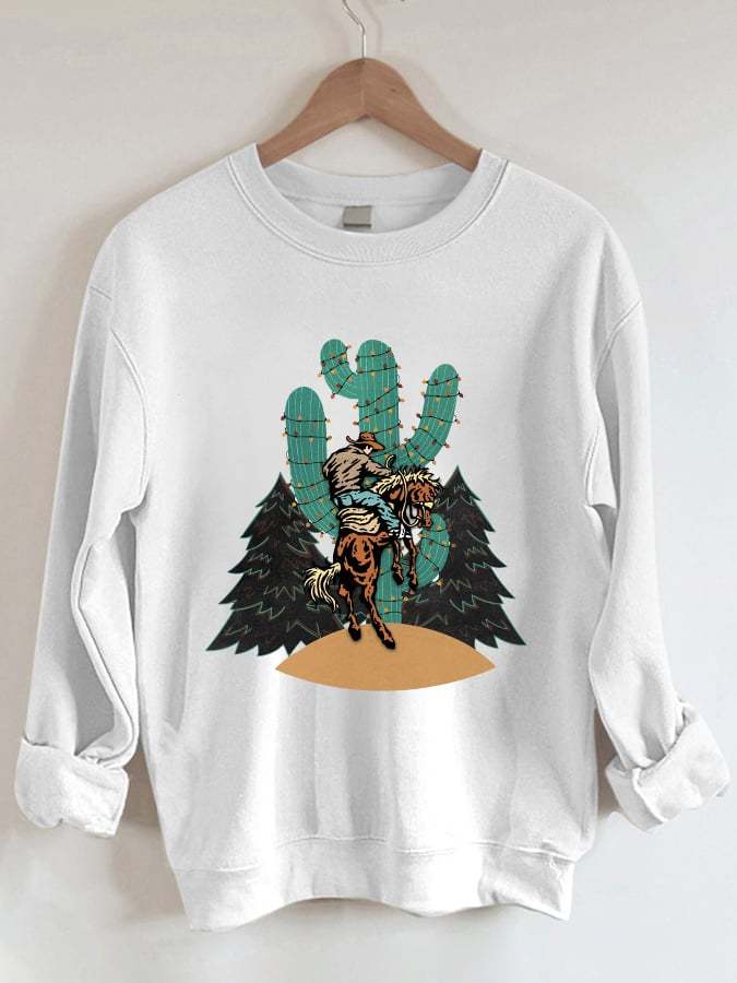 Women's Christmas Cowboy Bronco Cactus Christmas Lights Print Sweatshirt